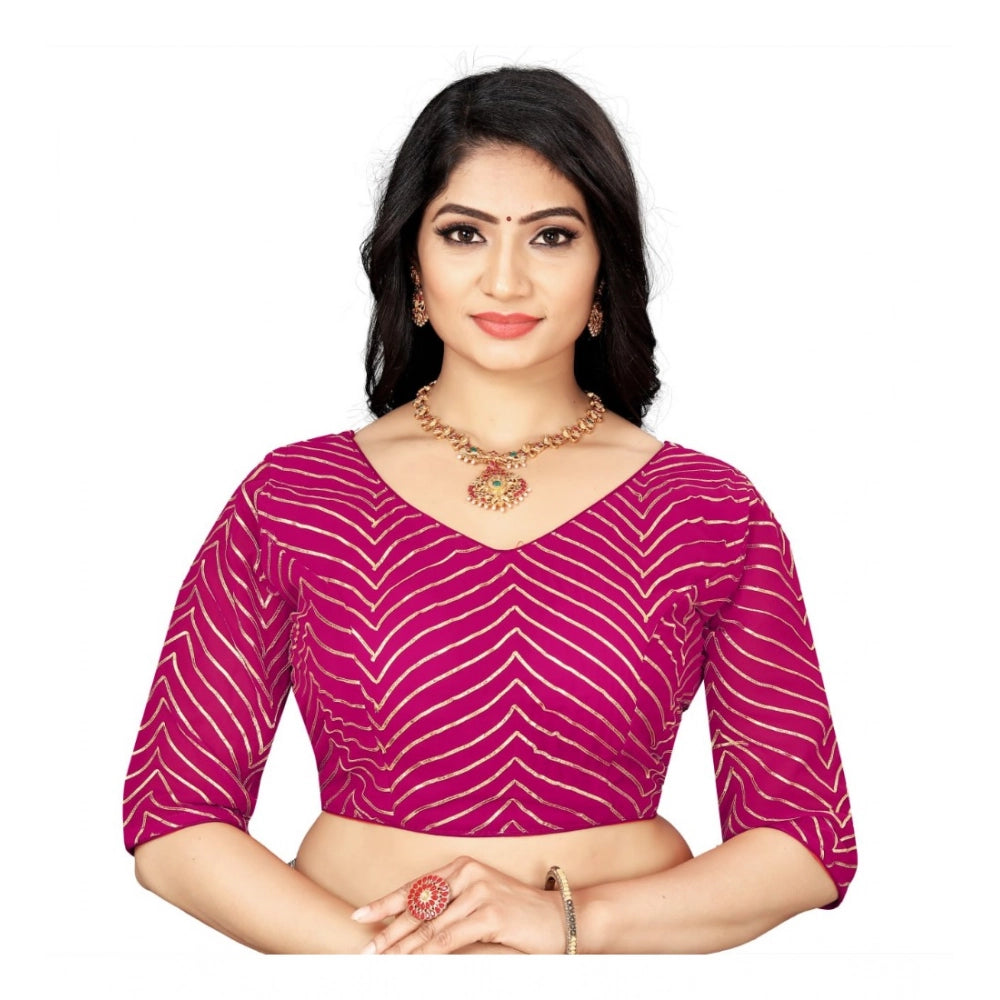 Pink georgette embroidery blouse, free size, v-neck with 3/4 sleeves on hanger
