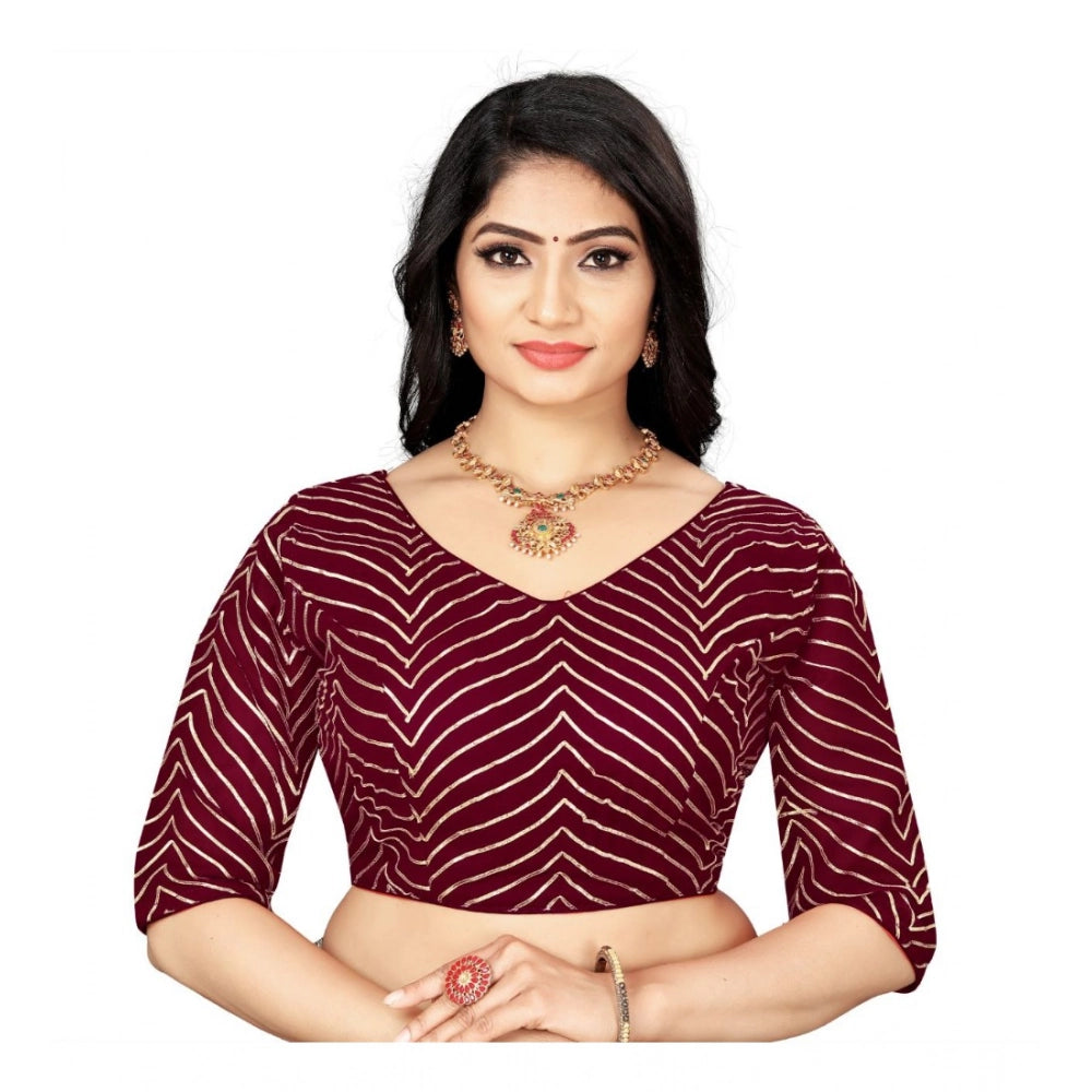 Maroon Georgette embroidered blouse, free size women's ready-made blouse with v-neck and 3/4th sleeves