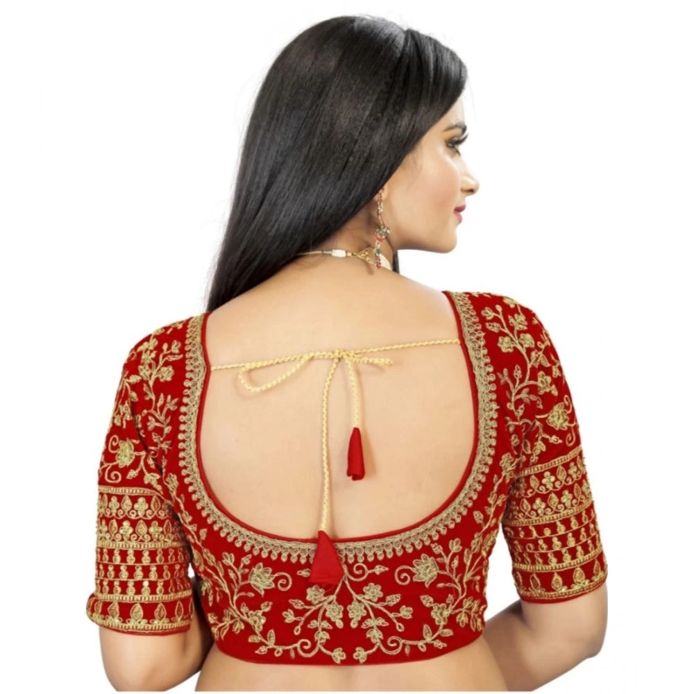 Red velvet embroidered blouse (free size), half-sleeve sweetheart neck design on display