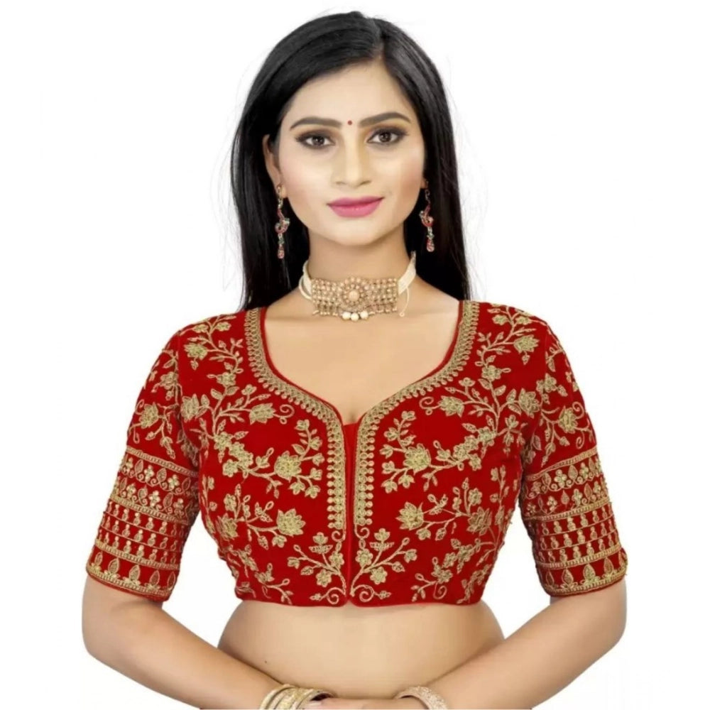 Red velvet embroidered blouse with half sleeves & sweetheart neckline