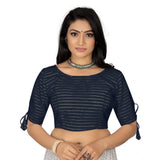Navy Blue cotton thread work readymade blouse with half sleeve and round neck