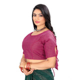 Barbie Pink cotton thread work readymade blouse, half sleeve round neck with thread work pattern for women's free size