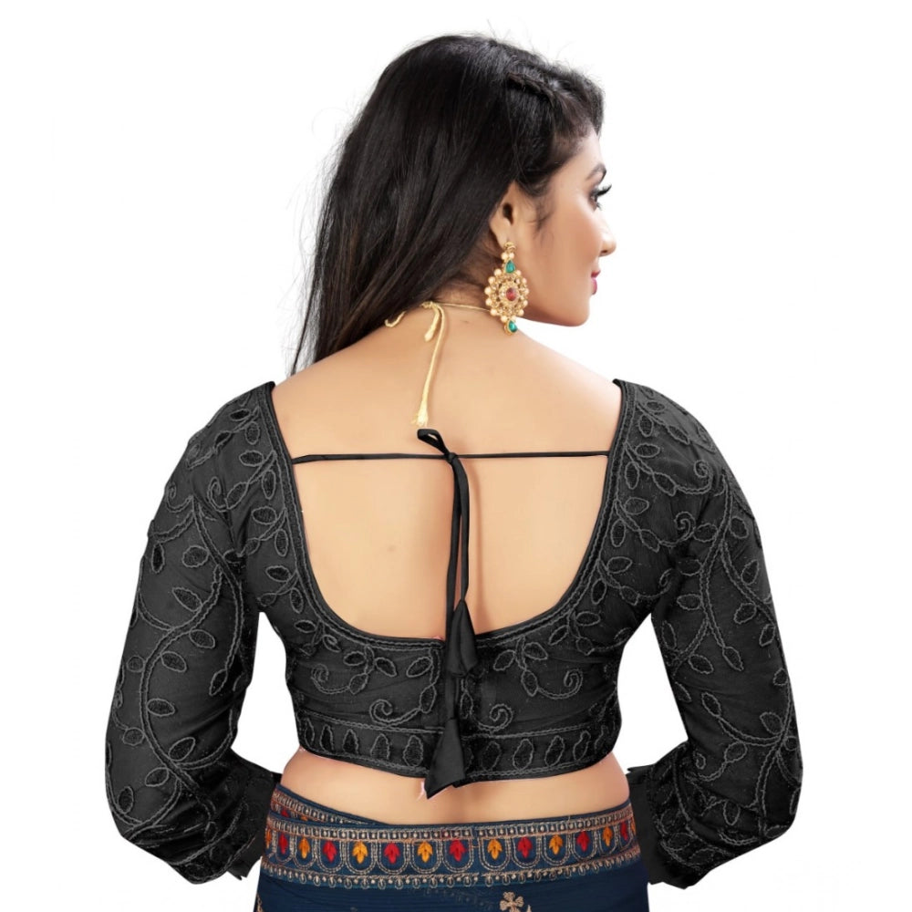 Black nylon net embroidered blouse (free size), V-neck, 3/4 sleeve