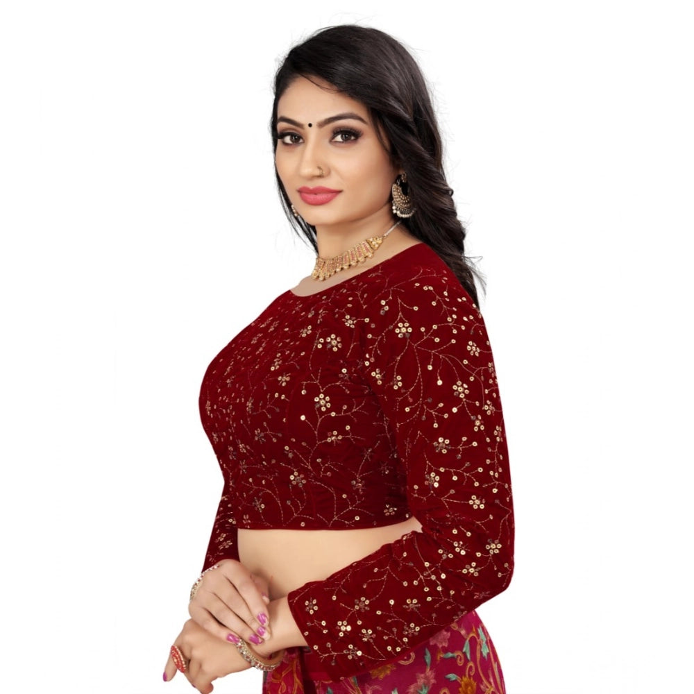 Maroon velvet embroidered blouse, free size women's ready-made clothing with full sleeves and round neck