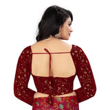 Maroon velvet embroidered blouse (free size), women's formal wear with full sleeves and round neck