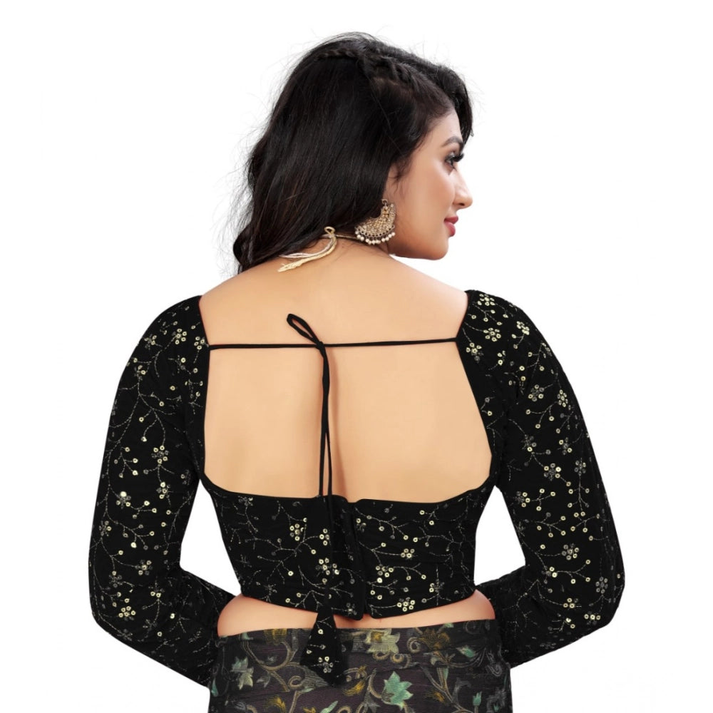 Black velvet embroidered blouse, free size, full sleeve, round neck, intricate patterns on display