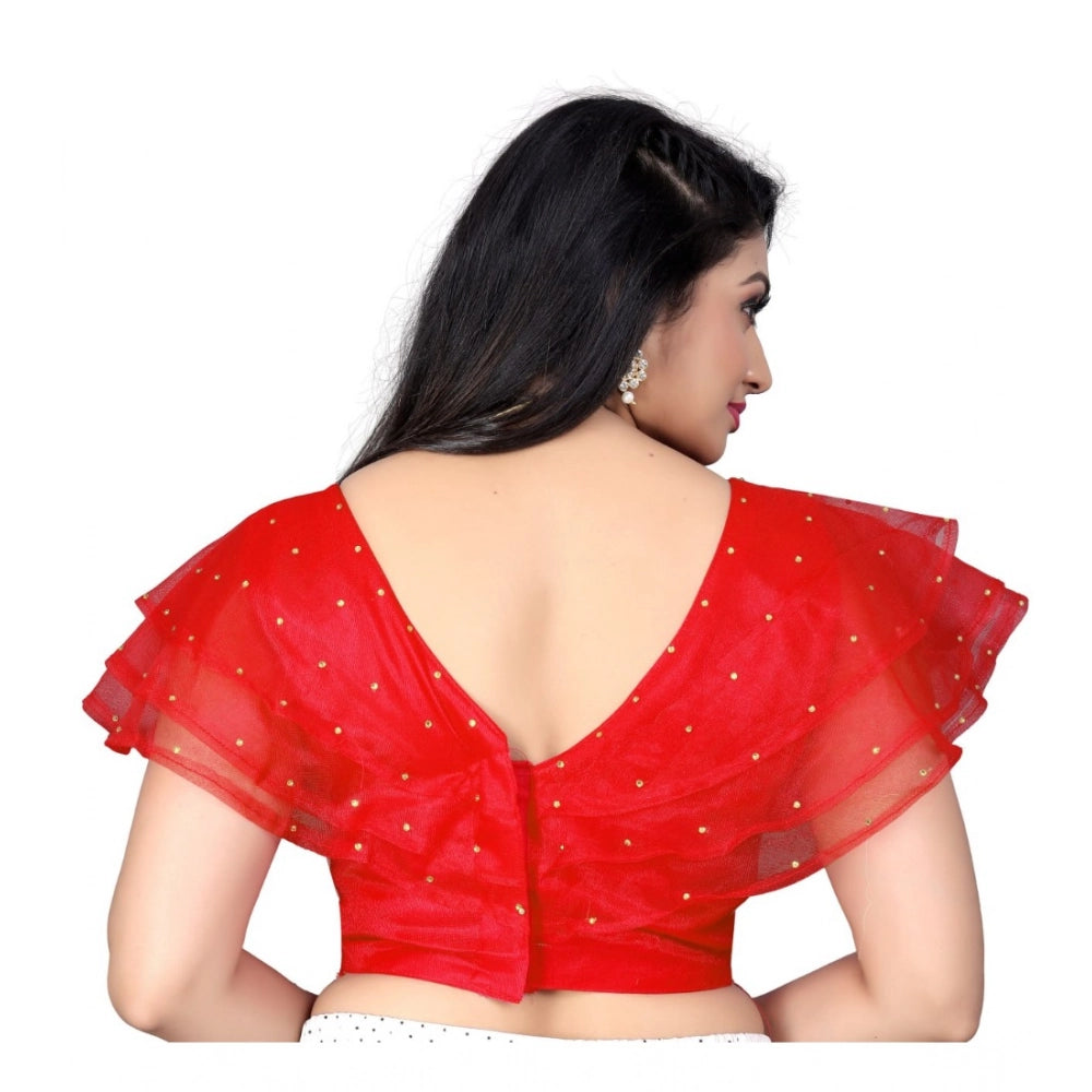 Red nylon diamond work sleeveless blouse for women's casual wear, free size