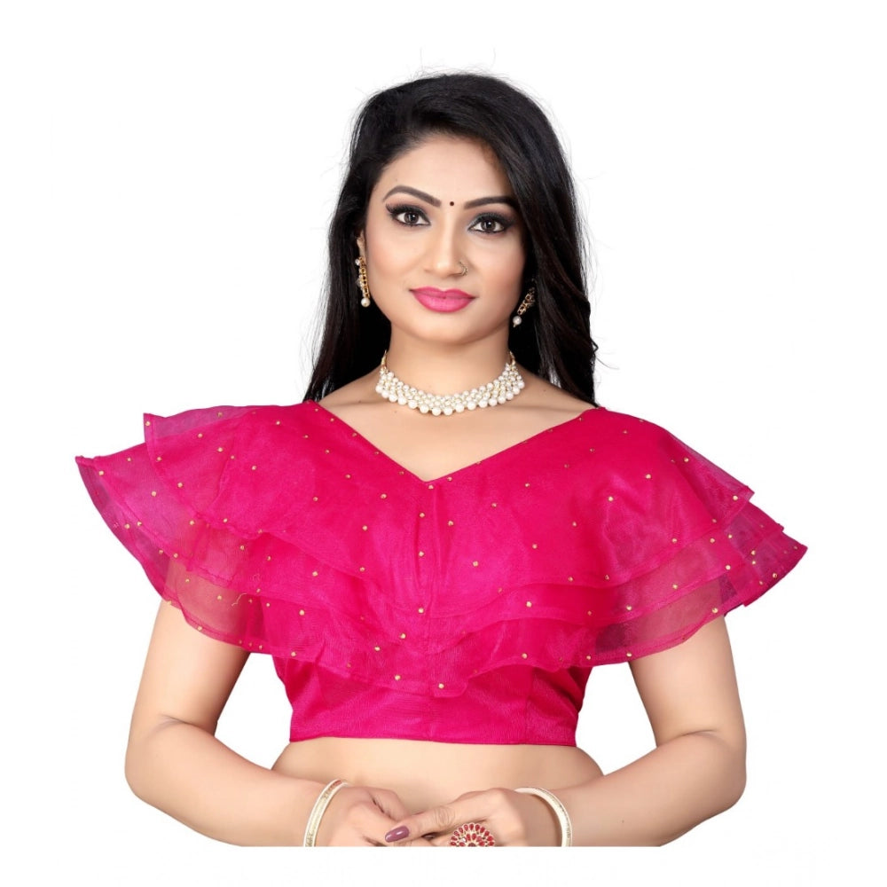 Pink nylon work blouse, sleeveless V-neck design with diamond work pattern, free size for women at work