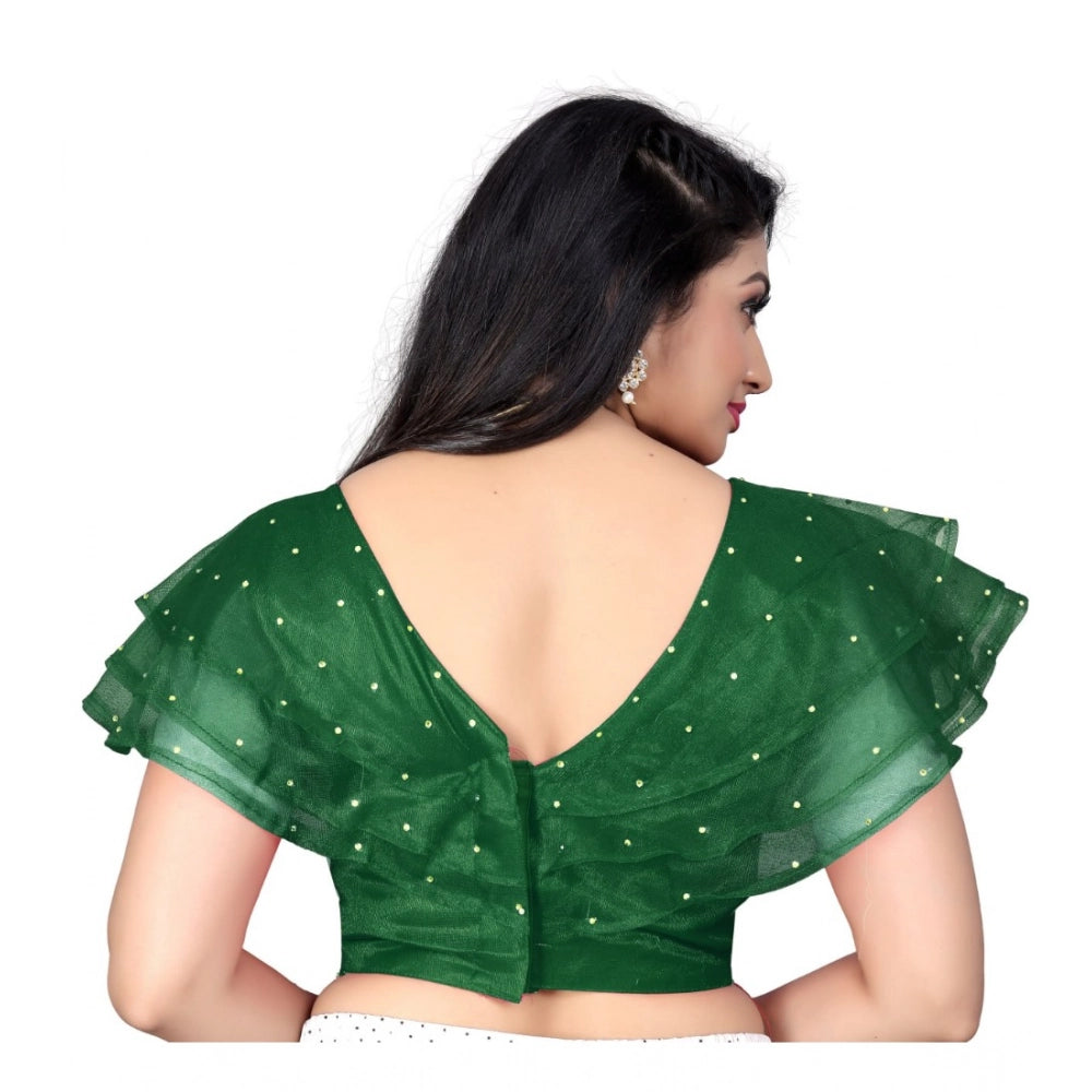 Green nylon sleeveless v-neck diamond work readymade blouse for women