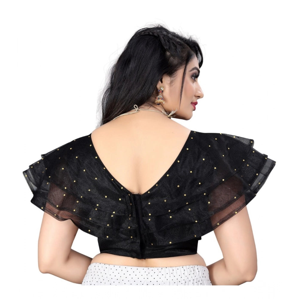 Black nylon sleeveless v-neck diamond work readymade blouse for women