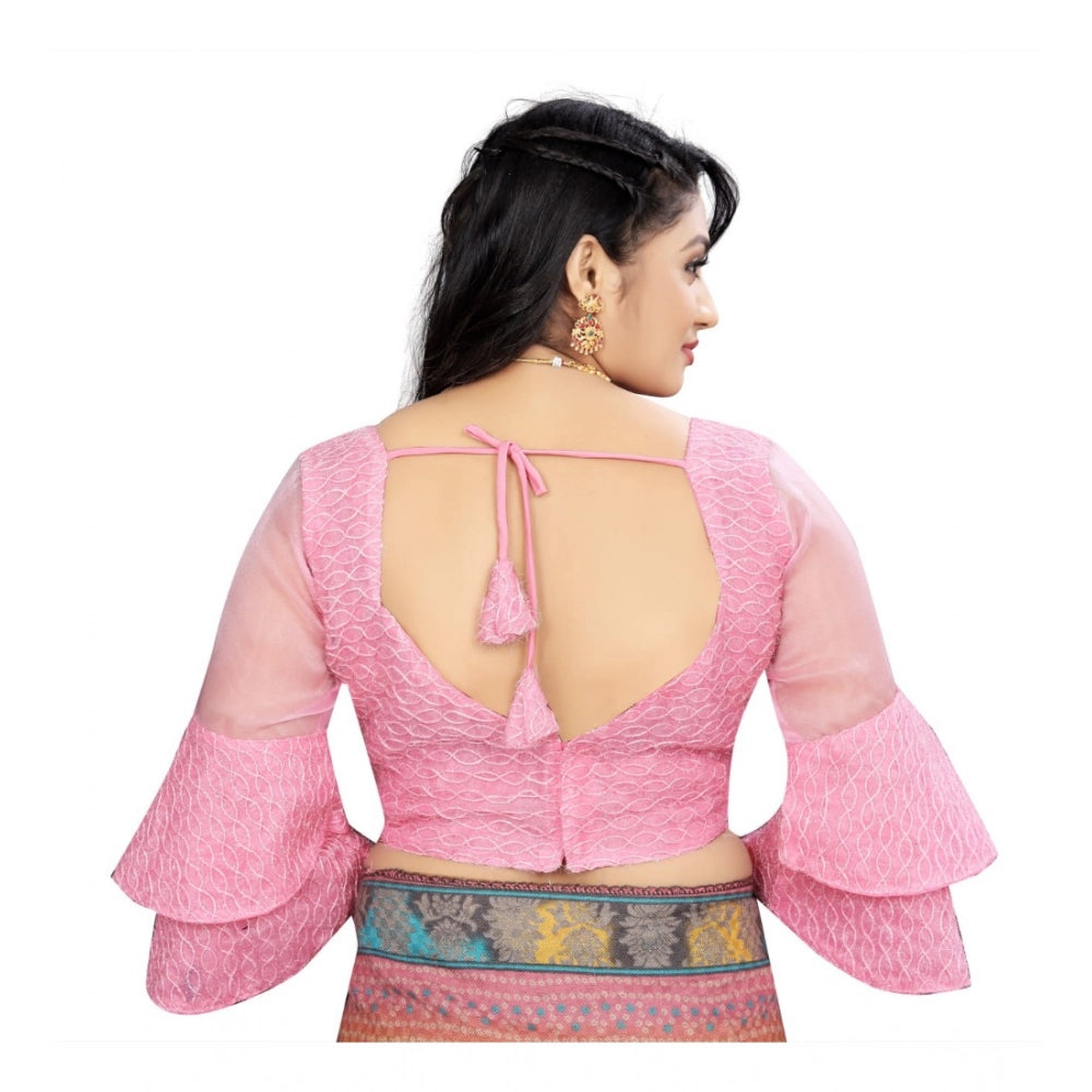 Pink organza embroidered blouse, free size, 3/4 sleeve, sweetheart neckline