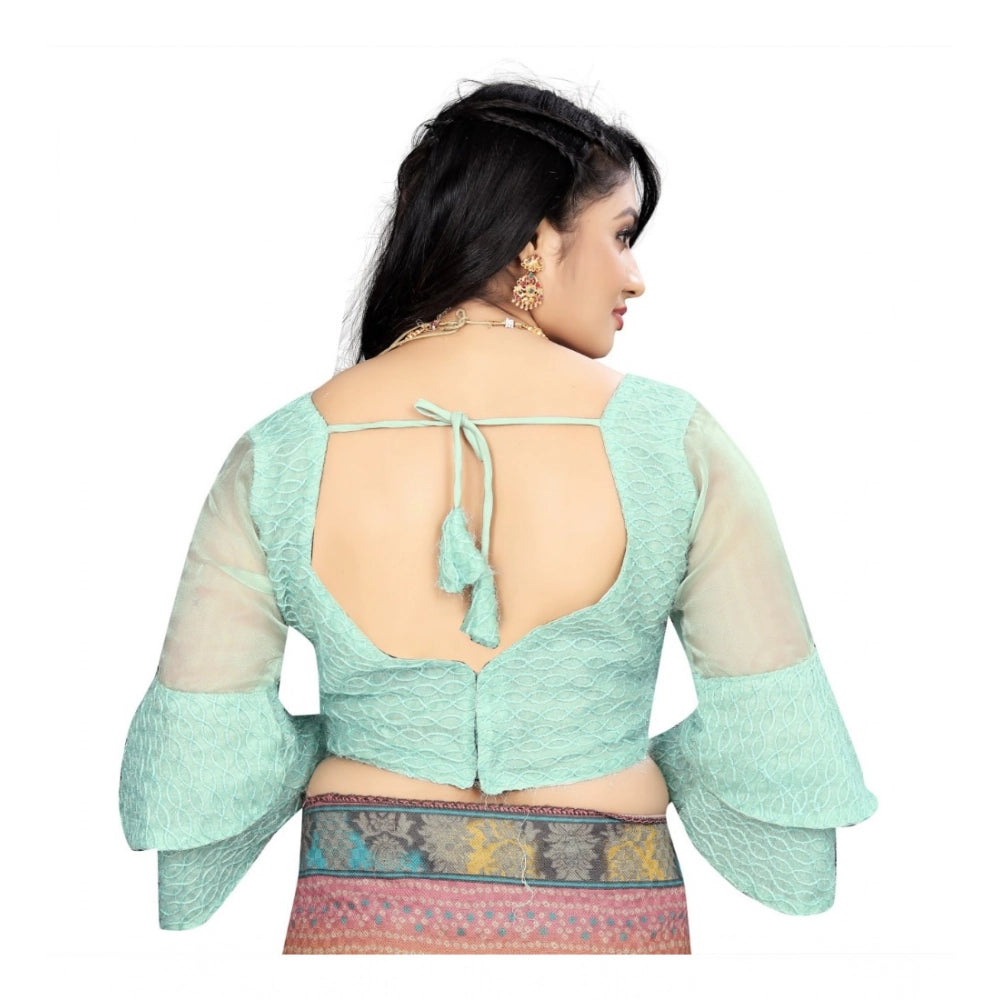 Mint green organza embroidered blouse with sweetheart neckline and 3/4 sleeves for free size women's fashion