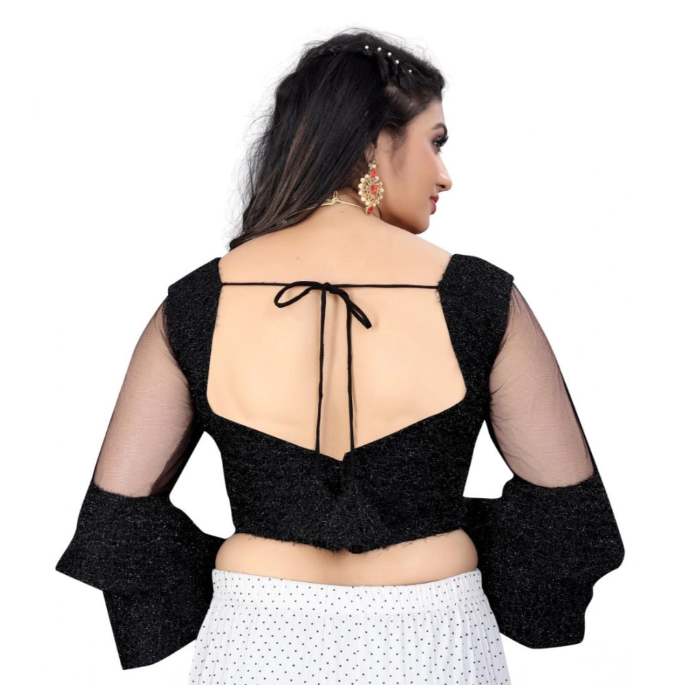 Black organza embroidered blouse (free size), 3/4 sleeve, sweetheart neck on hanger