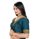Teal Banglory embroidered blouse (half sleeve, v-neck), ready-made, free size