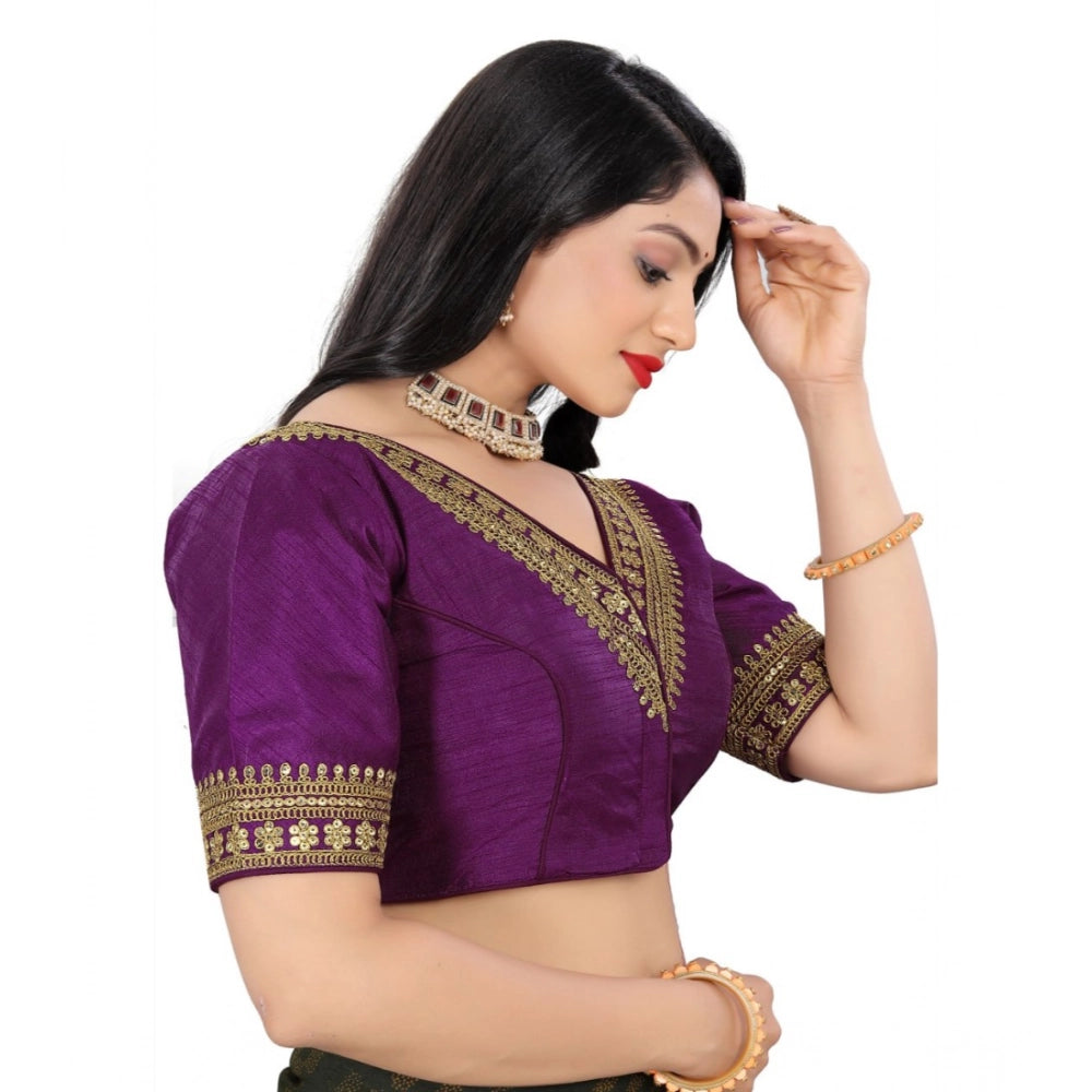 Magenta Banglory embroidered blouse, half sleeve, v-neck design for women