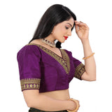 Magenta Banglory embroidered blouse, half sleeve, v-neck design for women