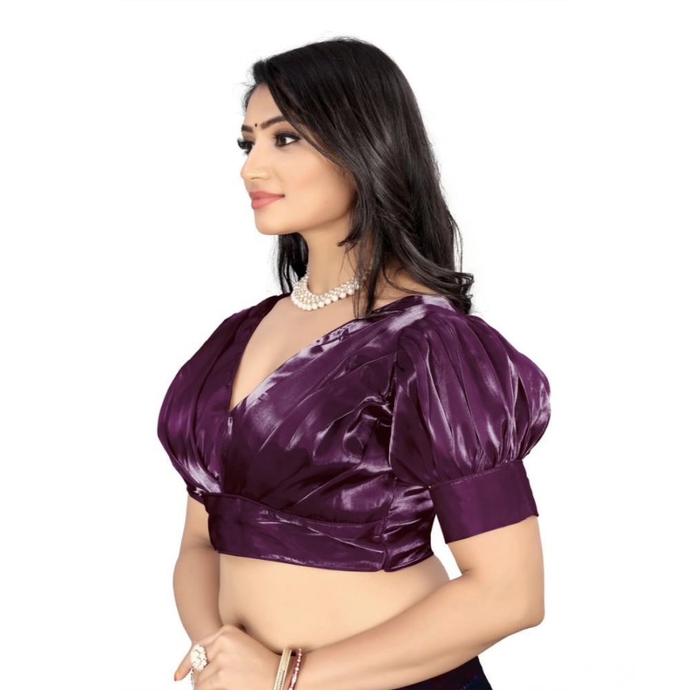 Magenta organza free size readymade blouse with half sleeves and v-neck pattern, women's clothing accessory on mannequin