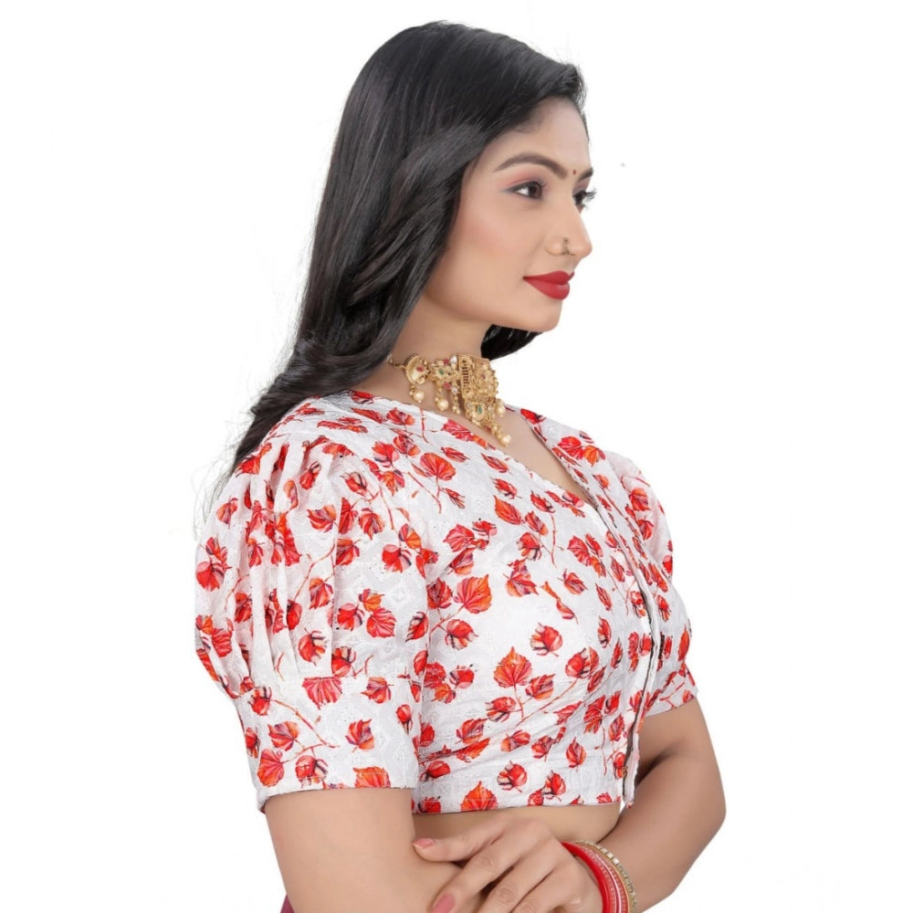 Red cotton blend floral readymade blouse, short sleeve V-neck with floral pattern for women