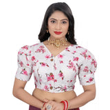 Pink cotton blend floral readymade blouse (free size), short sleeve V-neck style on model