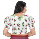 Green cotton blend floral ready-made blouse with short sleeves and v-neck, free size