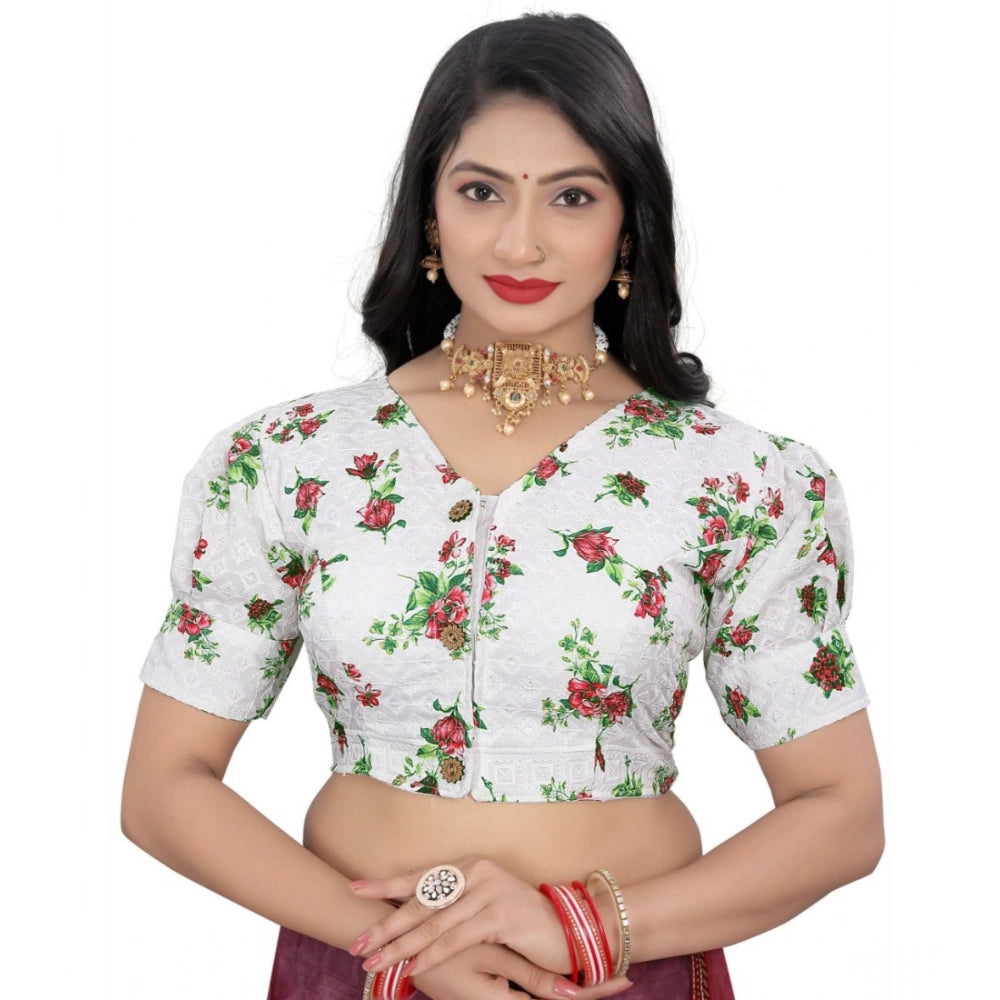 Green cotton blend floral readymade blouse, short sleeves, v-neck on hanger