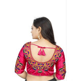 Pink Malai Silk Floral Readymade Blouse (Free Size) - Half sleeve, round neck, floral pattern for women