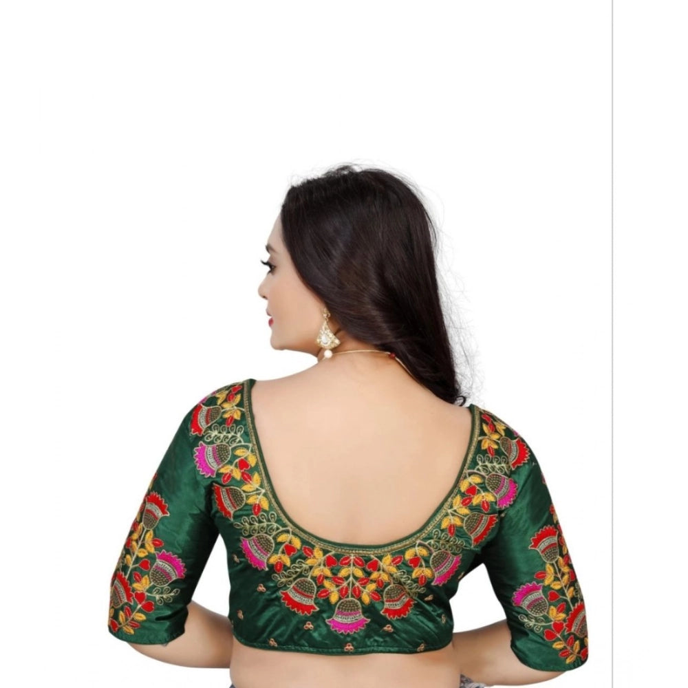 Green Malai Silk floral readymade blouse (half sleeve, round neck), women's fashion accessory on hanger