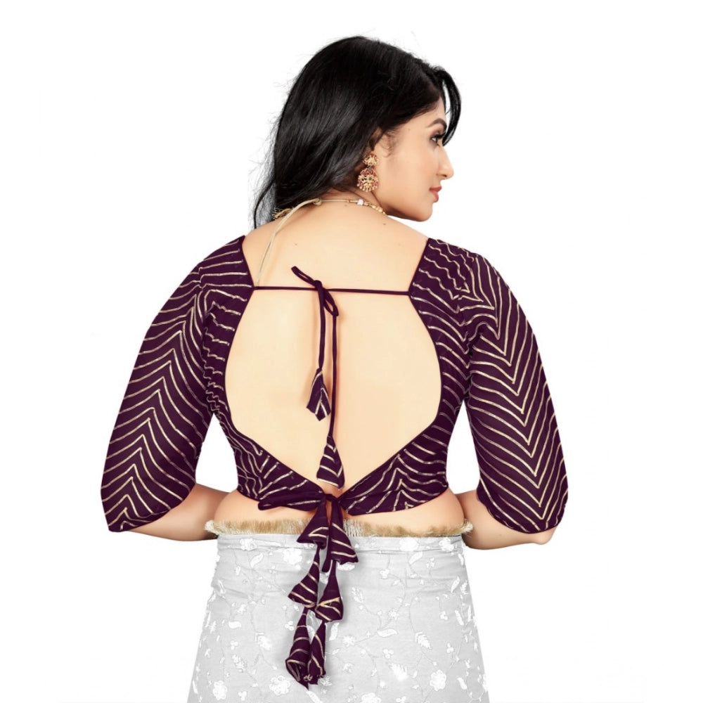 Purple Georgette embroidered blouse with V-neck and 3/4 sleeves, free size for women's casual wear