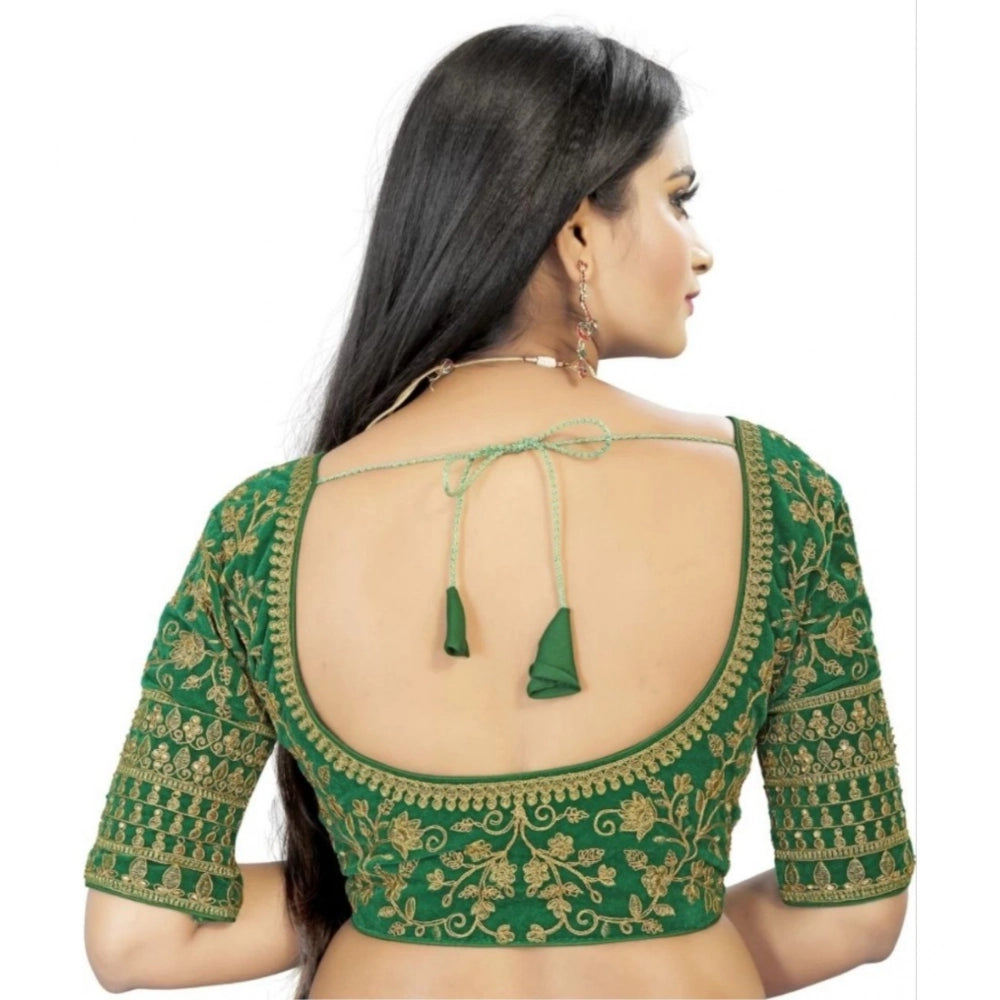 Green velvet embroidered blouse (half sleeve, sweetheart neck), free size for women on display