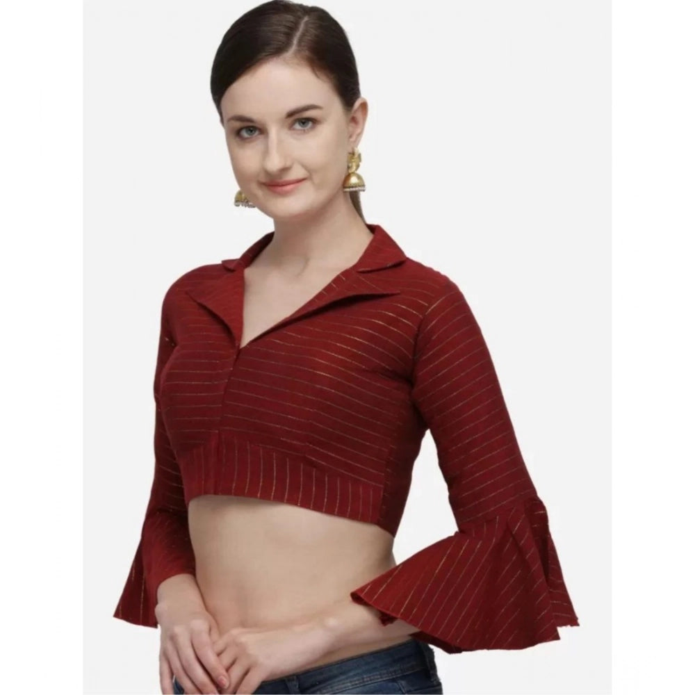 Maroon cotton striped readymade blouse, free size women's stitched shirt collar with 3-4th sleeve pattern