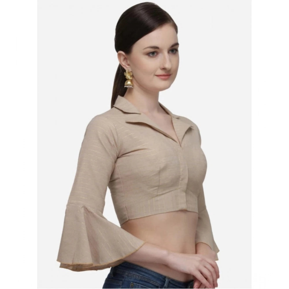 Beige free size cotton striped ready-made blouse for women - classic 3/4 sleeve shirt collar style