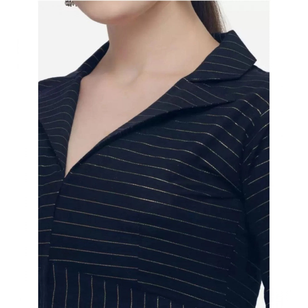 Navy Blue Cotton Striped Ready-Made Blouse for women - free size, 3/4 sleeves, shirt collar