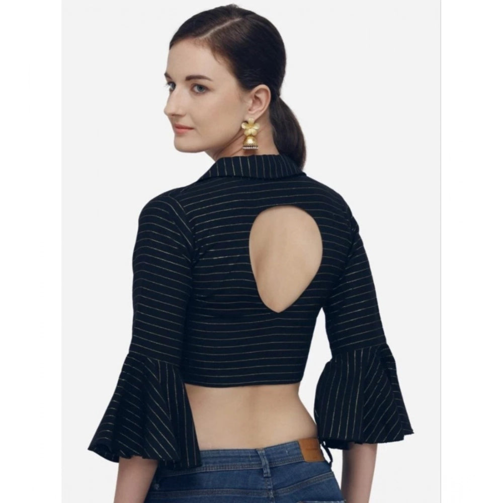 Navy Blue Cotton Striped Readymade Blouse - Women's free size stitched blouse with 3-4th sleeve and shirt collar pattern