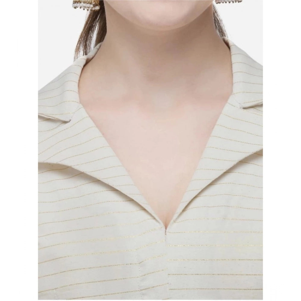 Beige cotton striped readymade blouse - free size women's shirt collar style with 3-4th sleeves