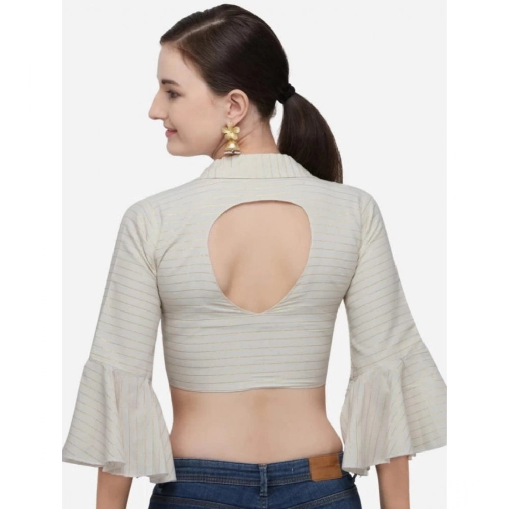 Beige free size cotton striped readymade blouse for women - 3/4 sleeve, shirt collar