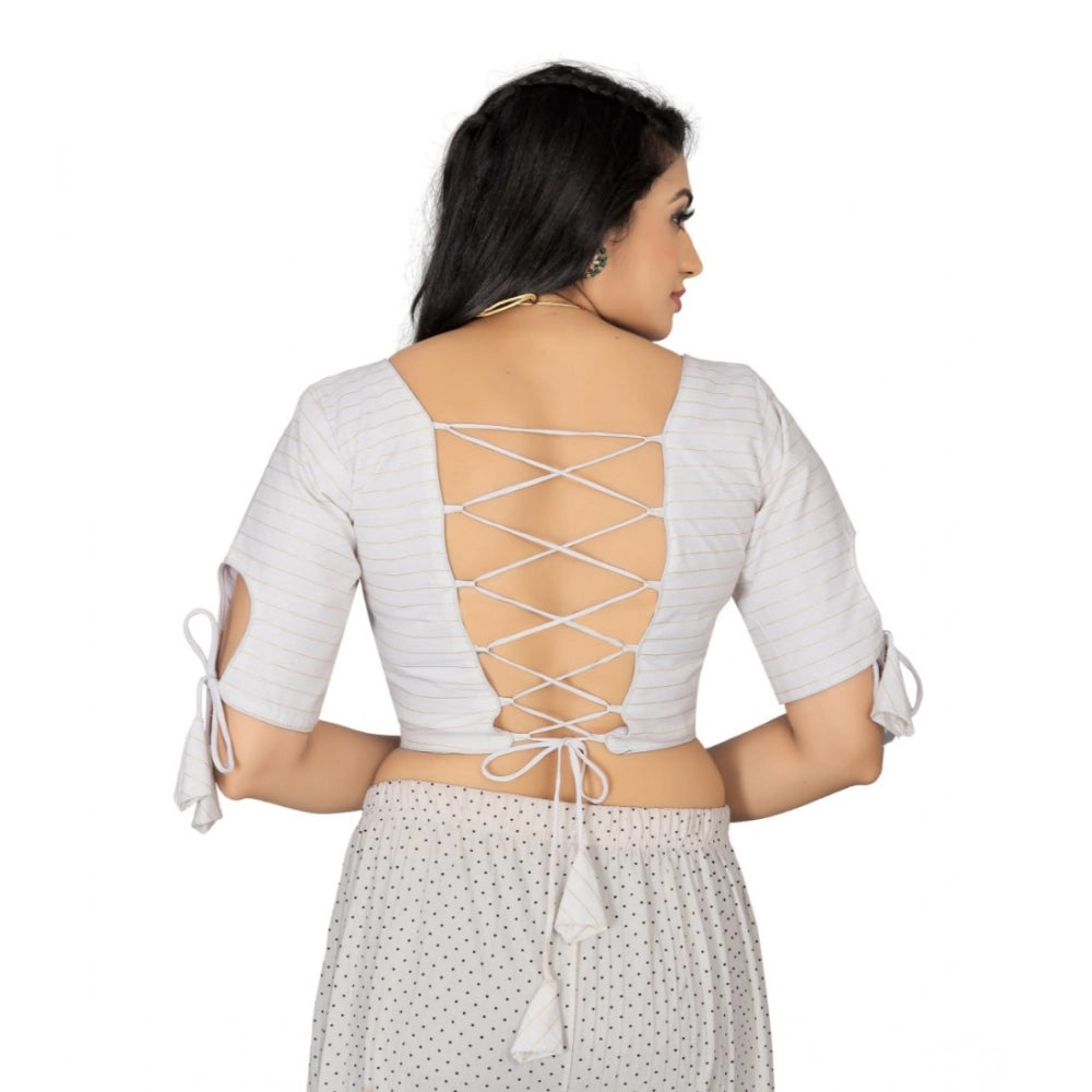 White cotton thread work readymade blouse, half sleeve, round neck, free size