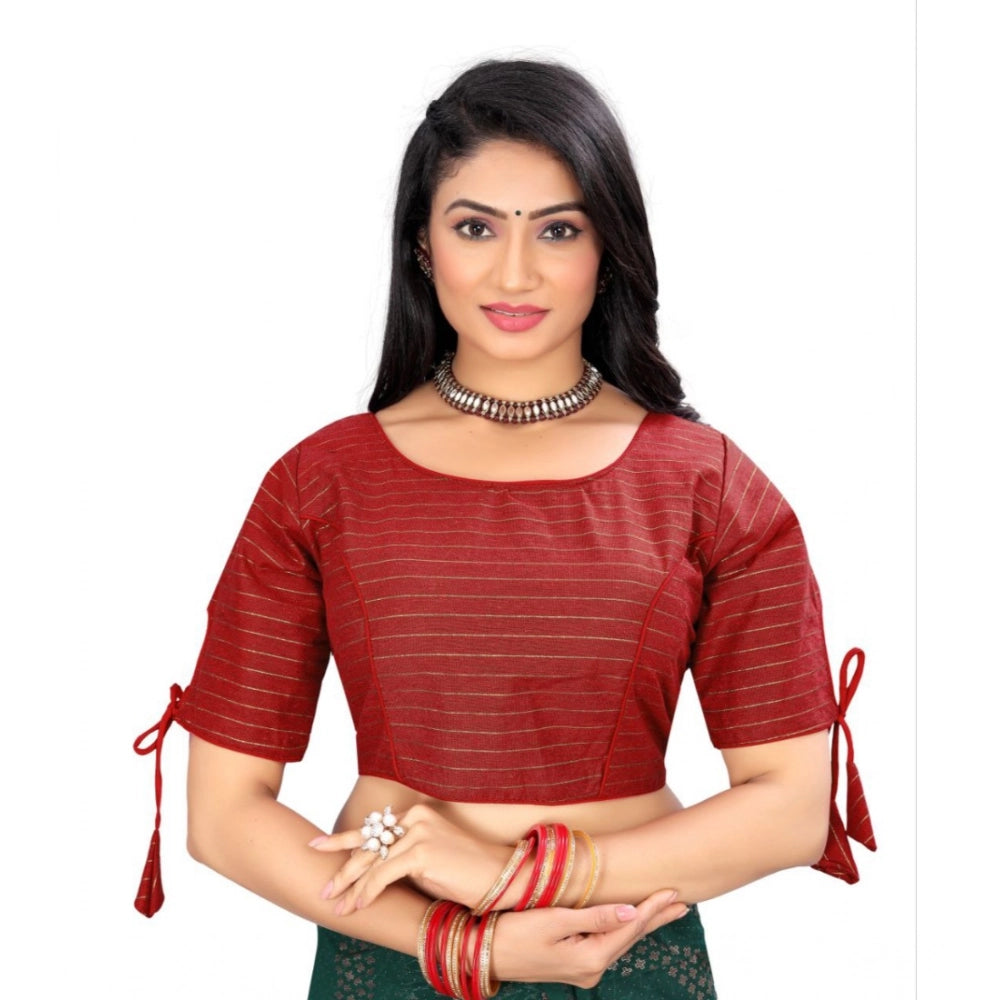 Red cotton thread work blouse, half sleeve, round neck design for women