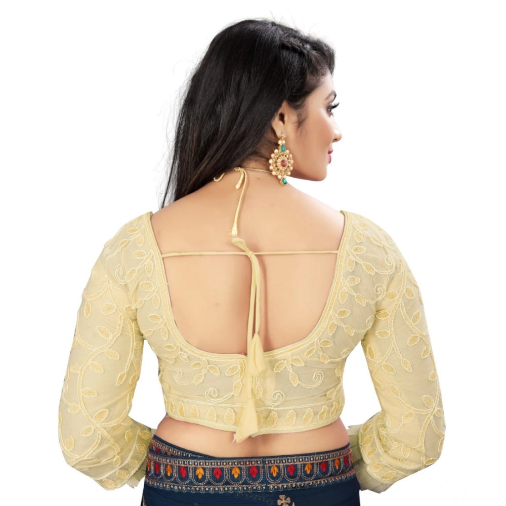 Beige nylon net embroidered blouse with 3/4 sleeves and v-neck, ready-made for women's fashion