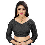 Black nylon net embroidered blouse with 3/4 sleeves and V-neck, ready-made women's fashion