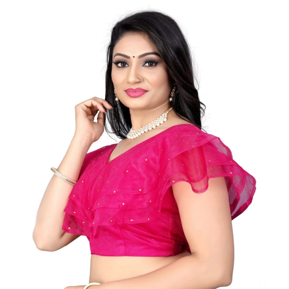 Pink nylon sleeveless v-neck diamond work readymade blouse, free size for women's casual wear