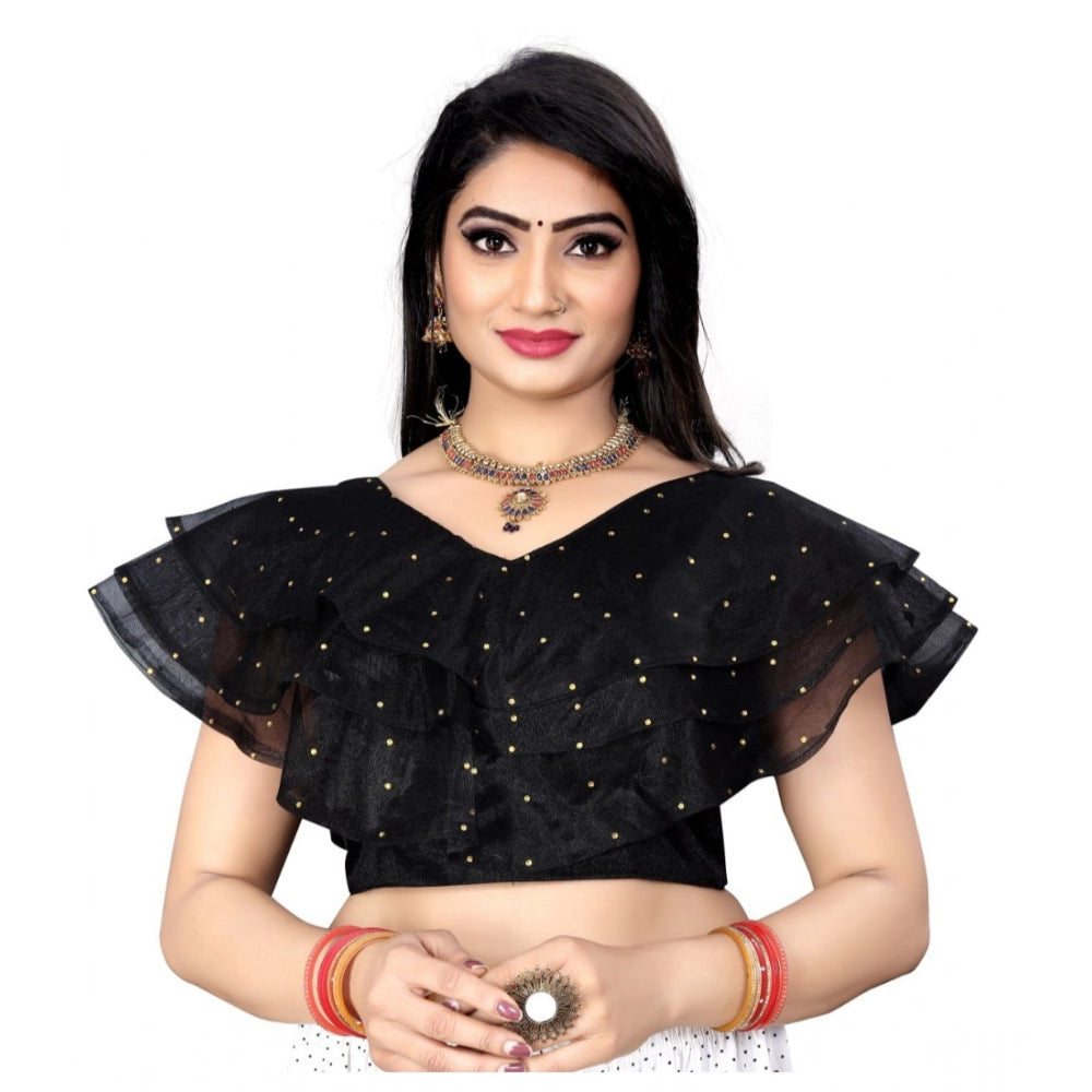 Black nylon sleeveless V-neck diamond work readymade blouse for women, free size