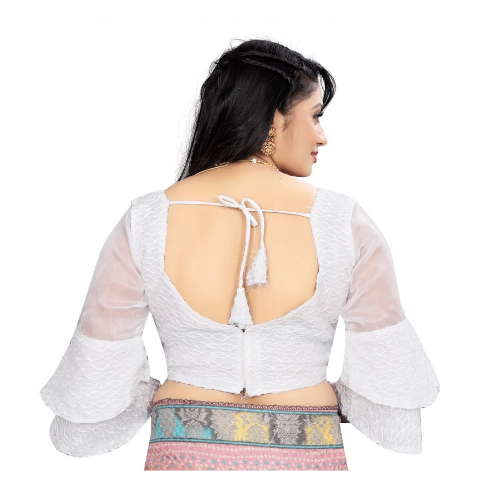 White organza embroidered blouse, free size, 3/4 sleeve, sweetheart neckline for women's fashion