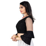 Black organza embroidery readymade blouse, free size, 3/4 sleeves, sweetheart neckline on hanger