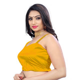 Mustard satin sleeveless blouse for women, free size, elegant round neckline and satin finish