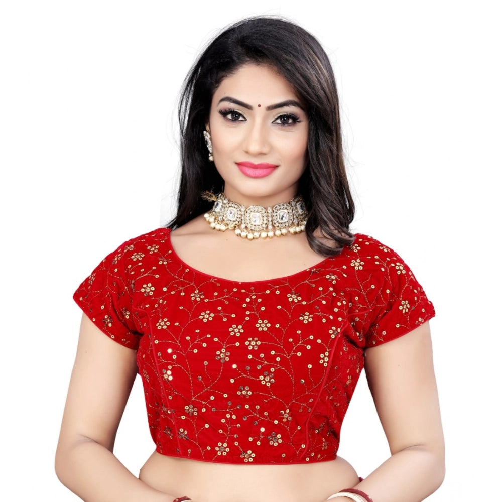 Red velvet sequin readymade blouse with short sleeves and round neck, free size for women's fashion