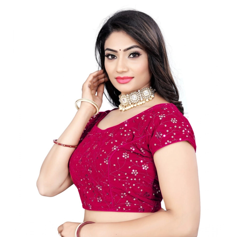 Pink velvet sequin readymade blouse, free size for women with short sleeves and round neck