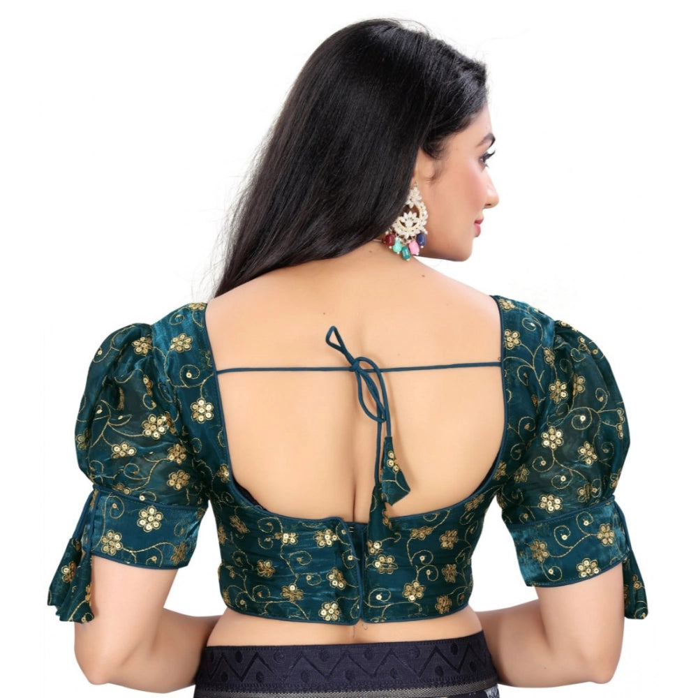 Teal Jimmy Choo embroidered blouse, free size stitched half-sleeve v-neck blouse on mannequin