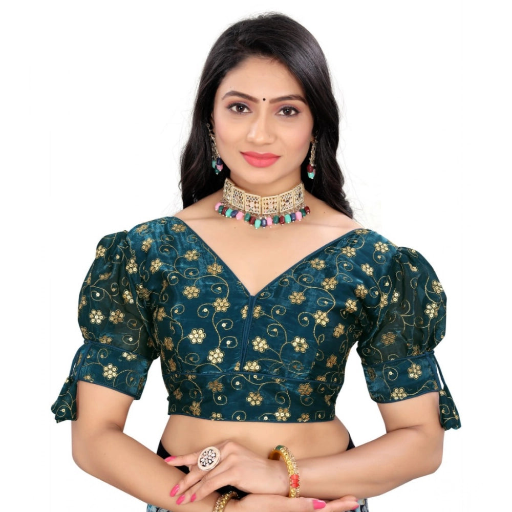 Teal embroidered Jimmy Choo blouse, free size, half sleeve V-neck style