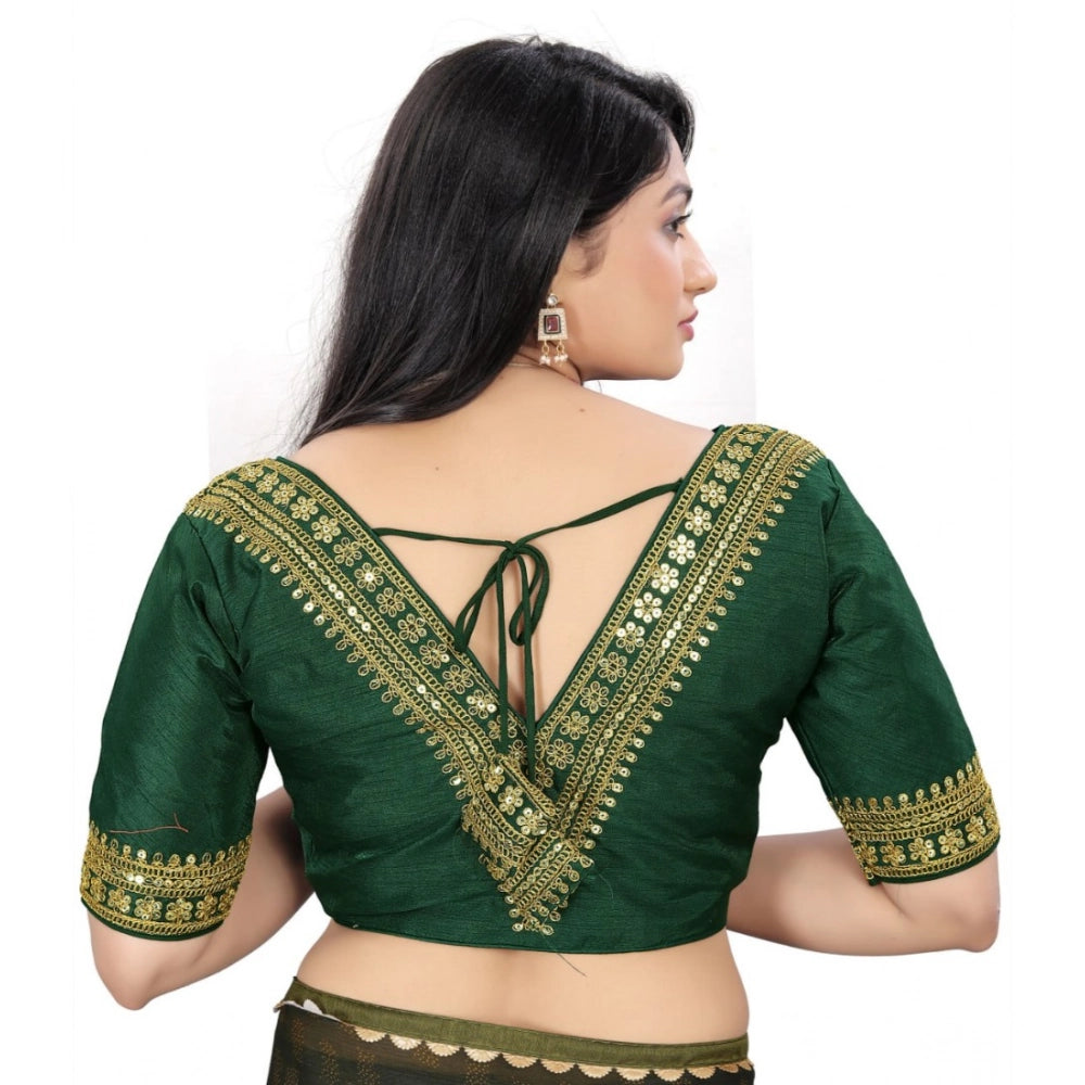 Green Banglory embroidered blouse, half sleeve, V-neck, ready-made for women