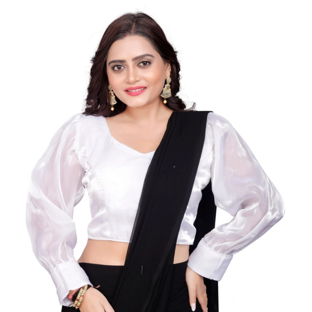 White organza free size long sleeve v-neck blouse, ready-made plain organza blouse for women